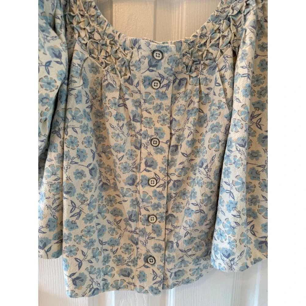 Free People James Smock Off Shoulder Floral Crop Top Blue Cottagecore Size S